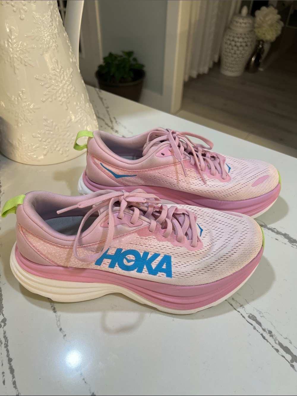 Hoka Bondi 8 Women's Pink and Neon Lime Running Shoes with Blue Logo size 8.5 - Picture 2 of 15